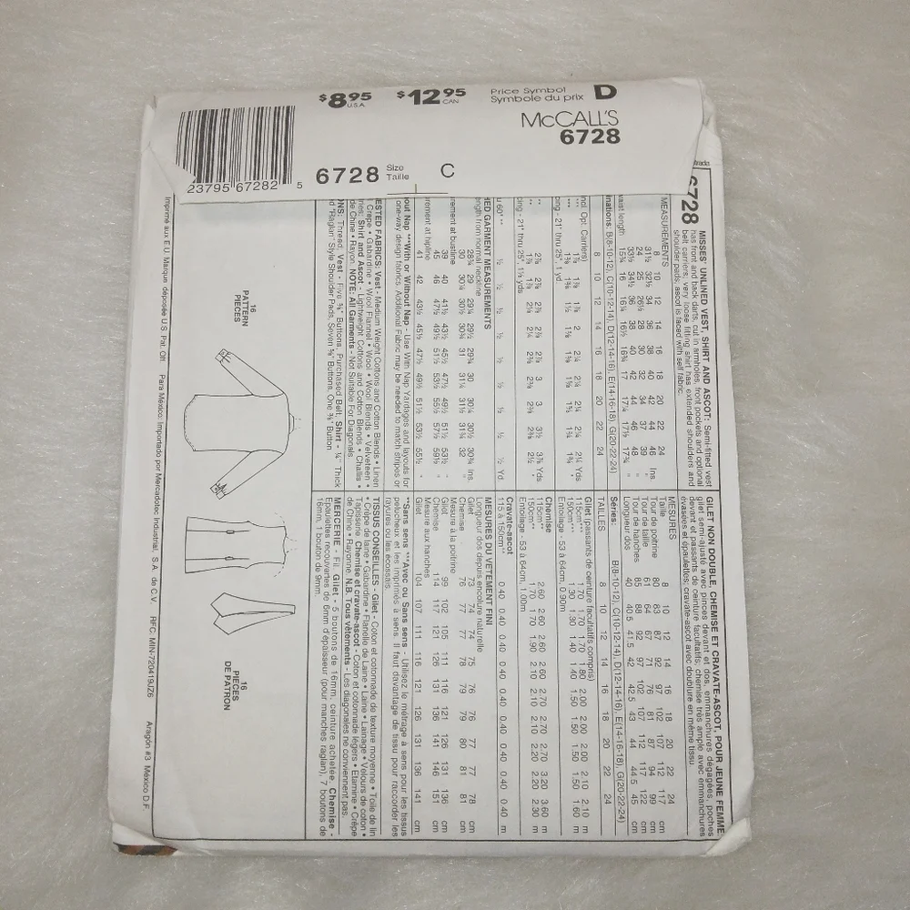 McCall's 6728 3hr Misses unlined vest, Shirt, ascot size 10-12-14